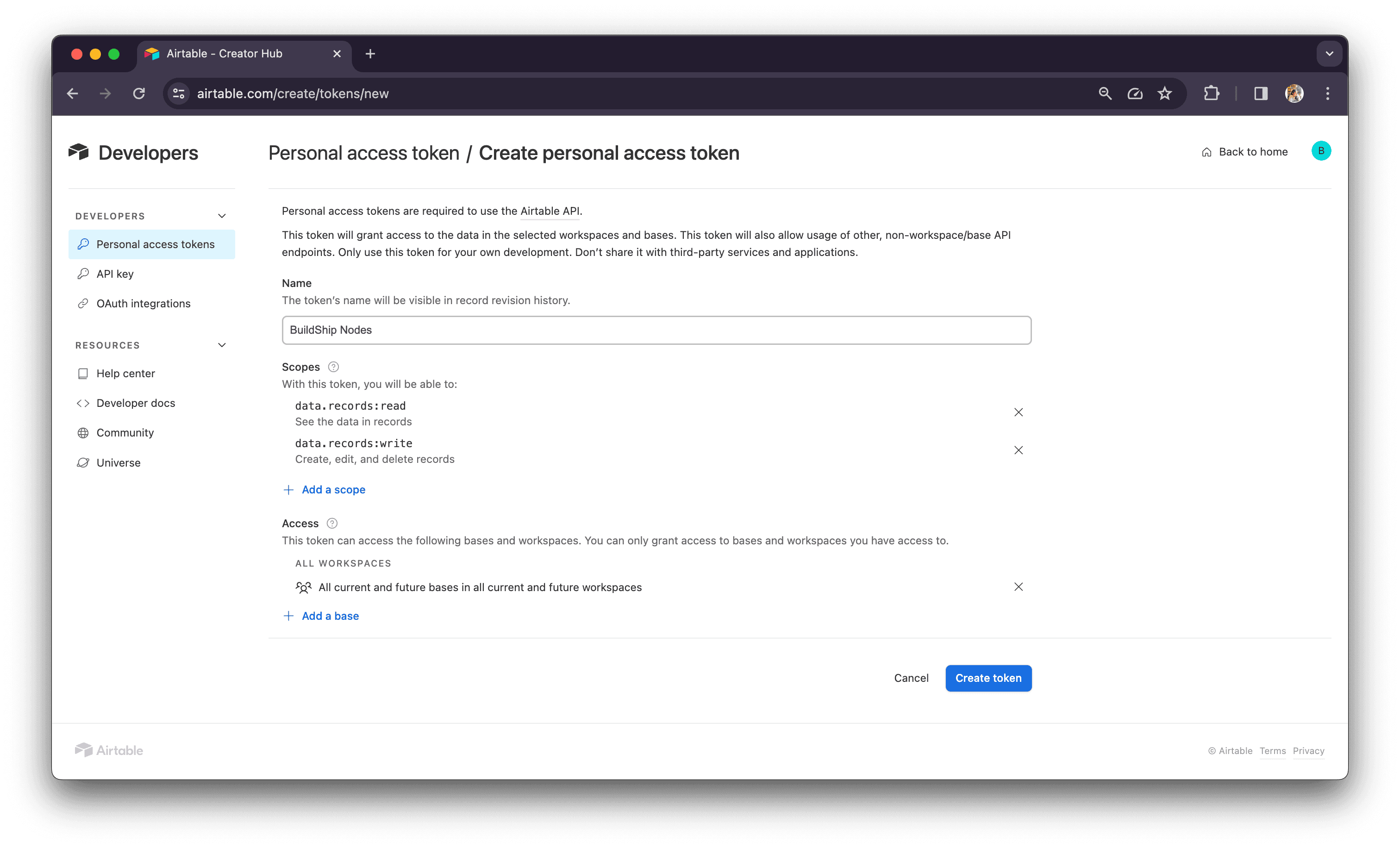 Grant scopes for your Airtable bases and workspaces