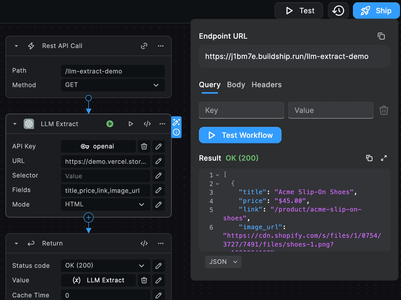 LLM extract node wokflow test results