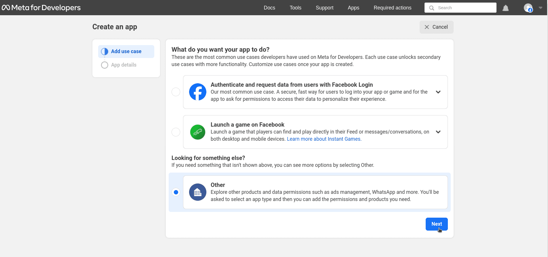 Select Other in "What do you want your app to do"